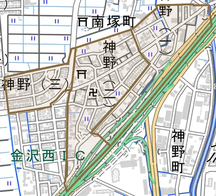 神野とその周辺の地図。町の範囲を重ねている