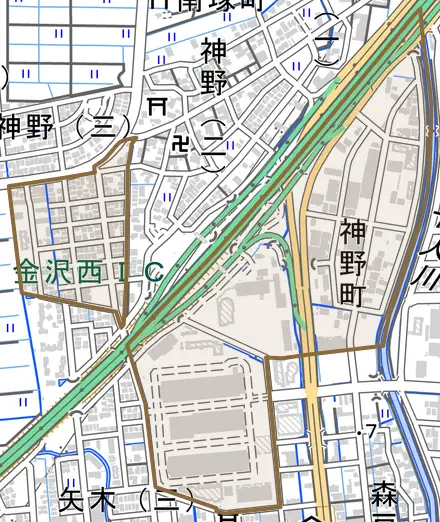 神野町とその周辺の地図。町の範囲を重ねている