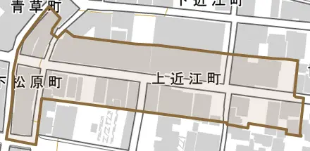 上近江町とその周辺の地図。町の範囲を重ねている