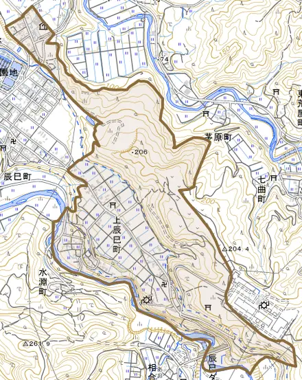 上辰巳町とその周辺の地図。町の範囲を重ねている