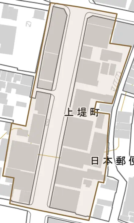 上堤町とその周辺の地図。町の範囲を重ねている