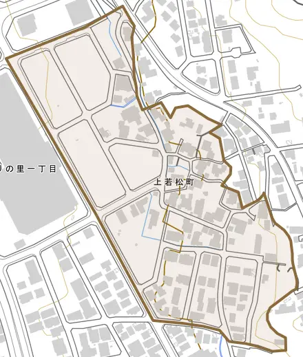 上若松町とその周辺の地図。町の範囲を重ねている