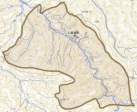 上涌波町とその周辺の地図。町の範囲を重ねている