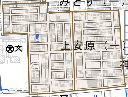 上安原とその周辺の地図。町の範囲を重ねている