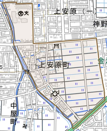 上安原町とその周辺の地図。町の範囲を重ねている