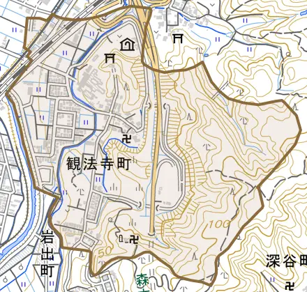 観法寺町とその周辺の地図。町の範囲を重ねている