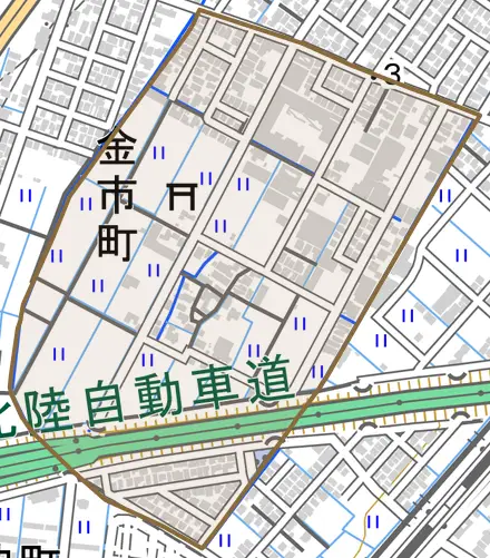 金市町とその周辺の地図。町の範囲を重ねている