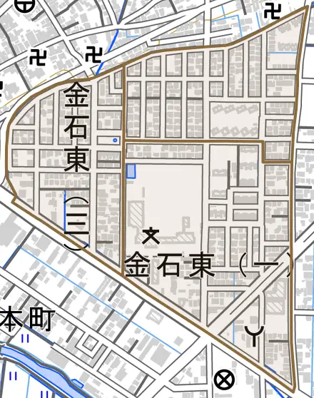 金石東とその周辺の地図。町の範囲を重ねている