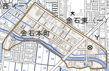 金石本町とその周辺の地図。町の範囲を重ねている