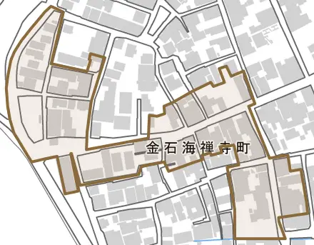 金石海禅寺町とその周辺の地図。町の範囲を重ねている