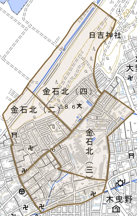 金石北とその周辺の地図。町の範囲を重ねている
