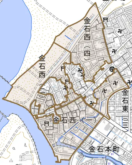 金石西とその周辺の地図。町の範囲を重ねている