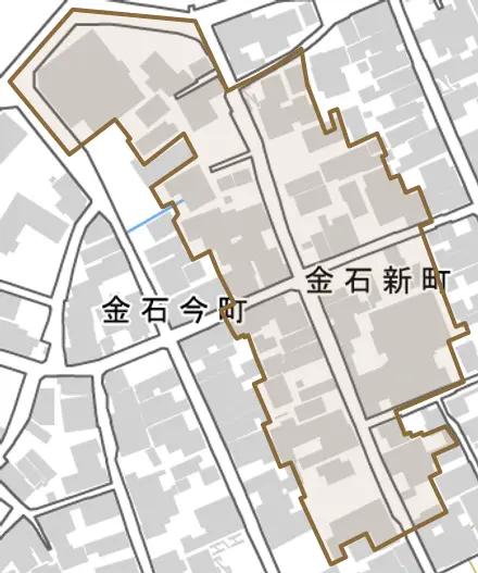 金石新町とその周辺の地図。町の範囲を重ねている