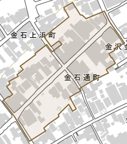 金石通町とその周辺の地図。町の範囲を重ねている