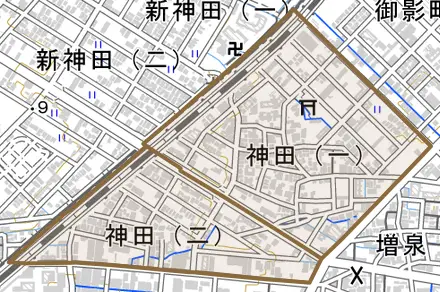 神田とその周辺の地図。町の範囲を重ねている