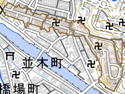 観音町とその周辺の地図。町の範囲を重ねている