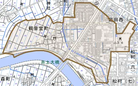 観音堂町とその周辺の地図。町の範囲を重ねている
