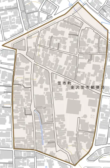 笠市町とその周辺の地図。町の範囲を重ねている