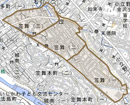 笠舞とその周辺の地図。町の範囲を重ねている