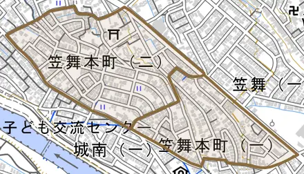 笠舞本町とその周辺の地図。町の範囲を重ねている