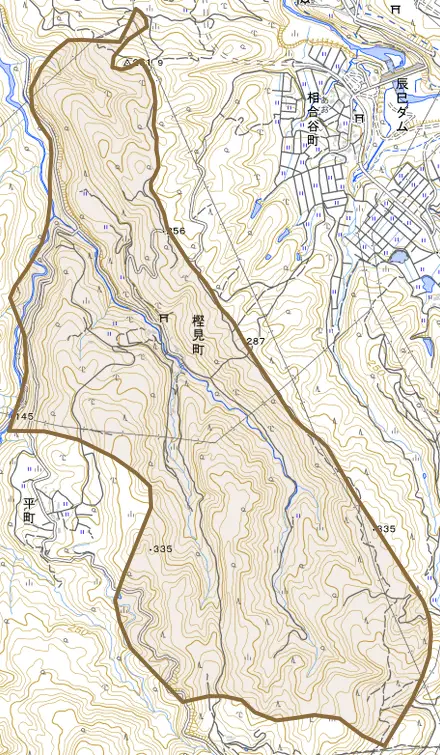 樫見町とその周辺の地図。町の範囲を重ねている