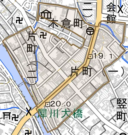 片町とその周辺の地図。町の範囲を重ねている