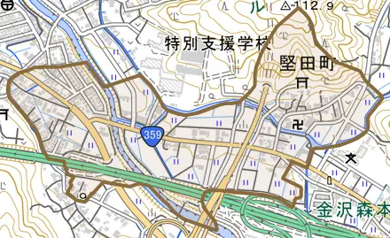堅田町とその周辺の地図。町の範囲を重ねている