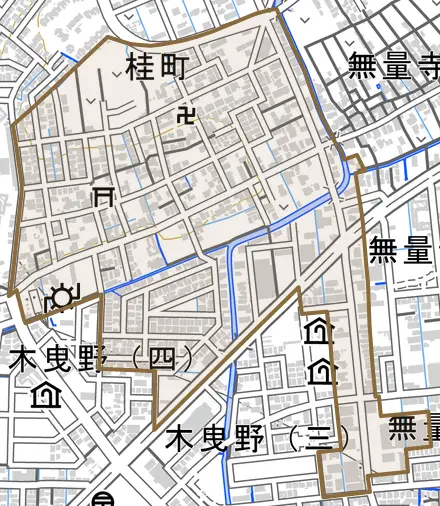 桂町とその周辺の地図。町の範囲を重ねている