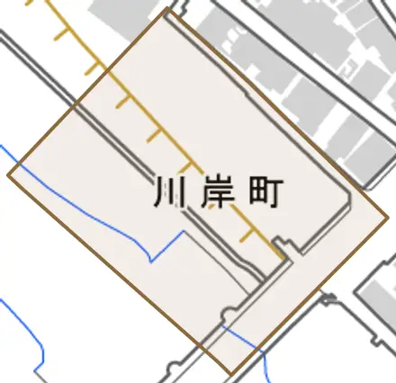 川岸町とその周辺の地図。町の範囲を重ねている