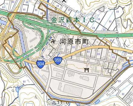 河原市町とその周辺の地図。町の範囲を重ねている