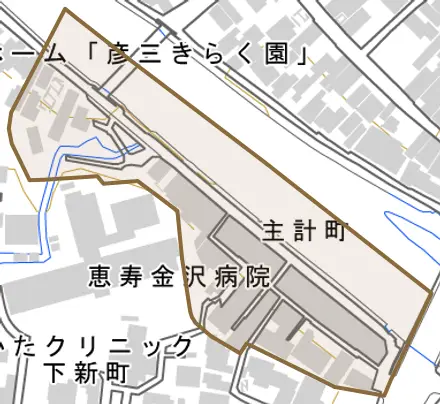 主計町とその周辺の地図。町の範囲を重ねている