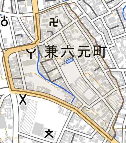 兼六元町とその周辺の地図。町の範囲を重ねている