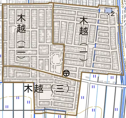 木越とその周辺の地図。町の範囲を重ねている