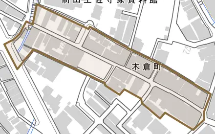 木倉町とその周辺の地図。町の範囲を重ねている