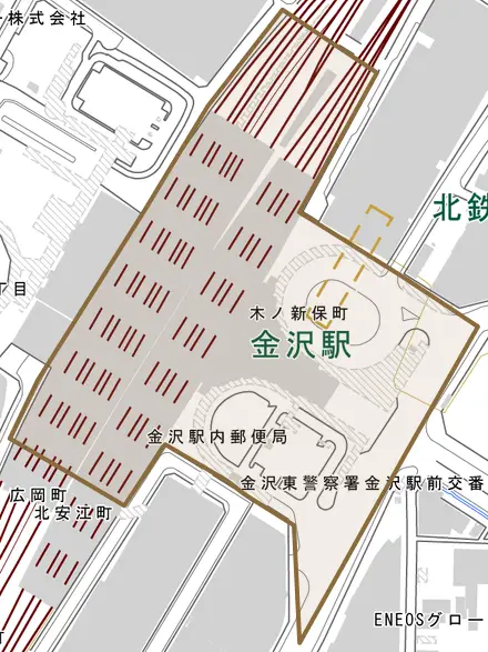 木ノ新保町とその周辺の地図。町の範囲を重ねている