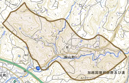 桐山町とその周辺の地図。町の範囲を重ねている