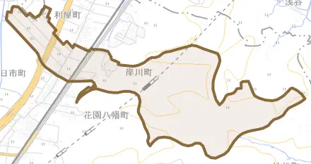 岸川町とその周辺の地図。町の範囲を重ねている