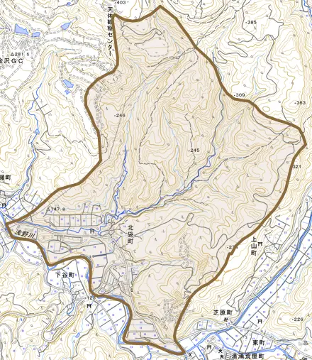北袋町とその周辺の地図。町の範囲を重ねている