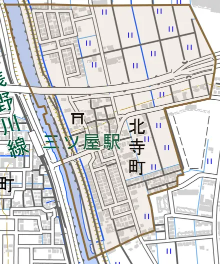 北寺町とその周辺の地図。町の範囲を重ねている