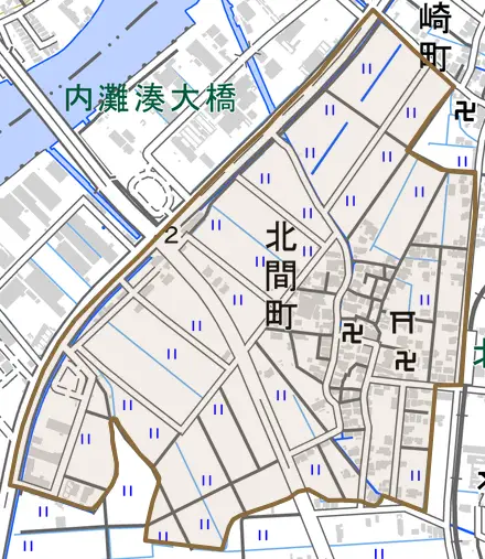 北間町とその周辺の地図。町の範囲を重ねている