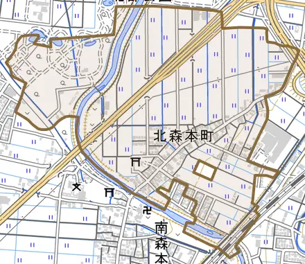 北森本町とその周辺の地図。町の範囲を重ねている