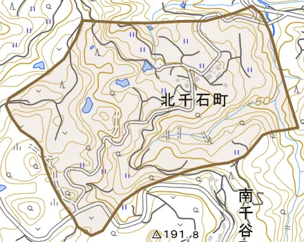 北千石町とその周辺の地図。町の範囲を重ねている