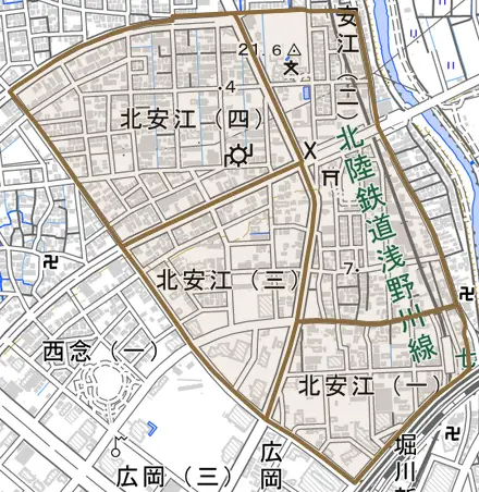 北安江とその周辺の地図。町の範囲を重ねている