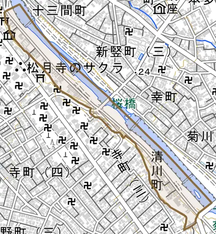 清川町とその周辺の地図。町の範囲を重ねている