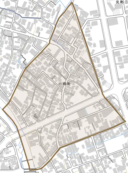 小橋町とその周辺の地図。町の範囲を重ねている