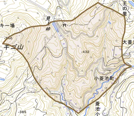小菱池町とその周辺の地図。町の範囲を重ねている