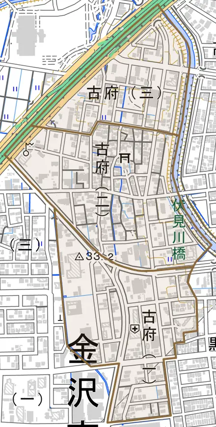 古府とその周辺の地図。町の範囲を重ねている