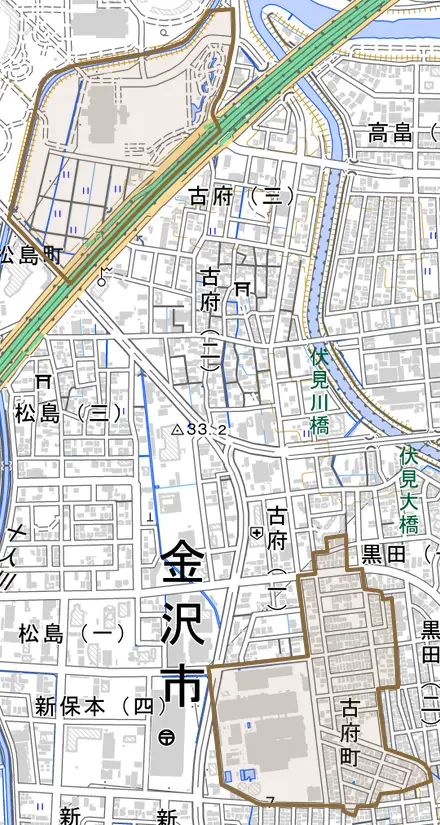 古府町とその周辺の地図。町の範囲を重ねている
