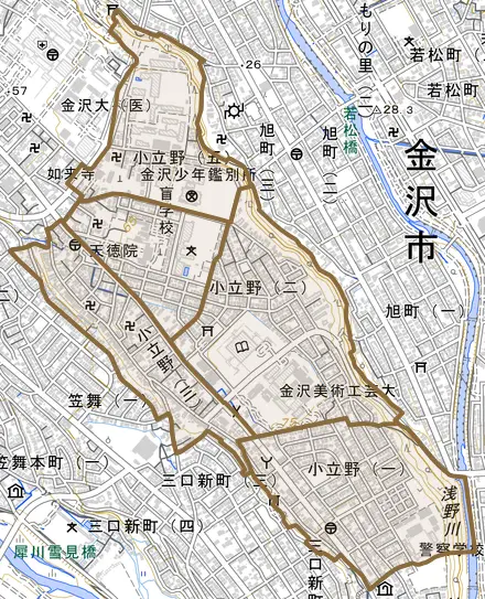 小立野とその周辺の地図。町の範囲を重ねている