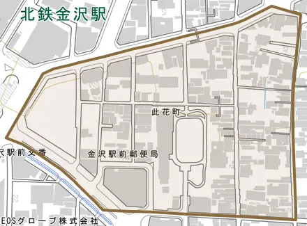 此花町とその周辺の地図。町の範囲を重ねている